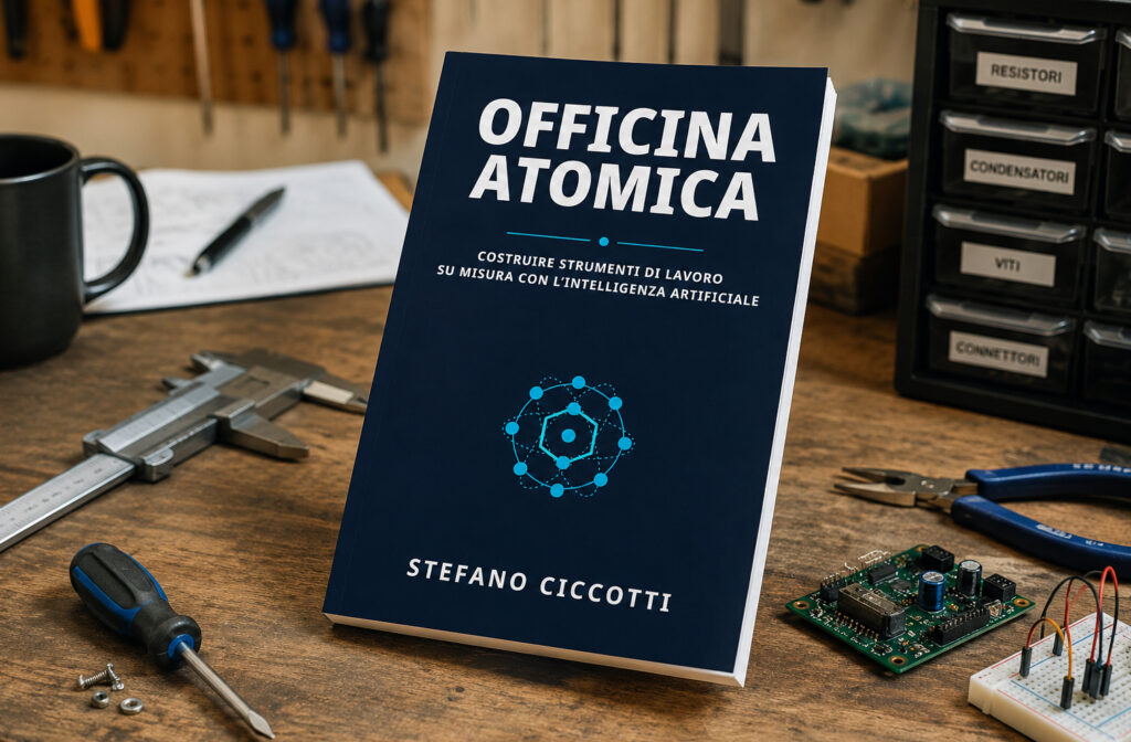 Copertina di Officina atomica, libro di Stefano Ciccotti sull&rsquo;intelligenza artificiale su misura